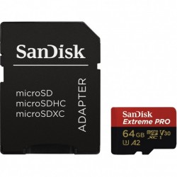 Sandisk microSDXC Extreme PRO 64 Go + Adaptater SD A2 170 Mo/s Classe 10 U3 V30